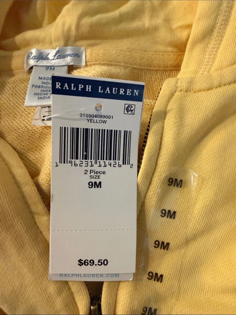 Ralph Lauren Yellow Hooded Zip Jacket & matching sweatpant set with Blue Pony